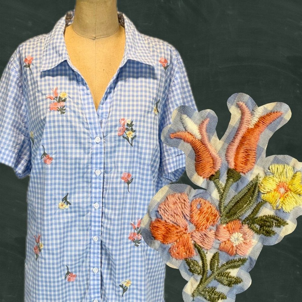 VINTAGE 90s flower bouquet embroidered picnic gingham check shirt button down 2X